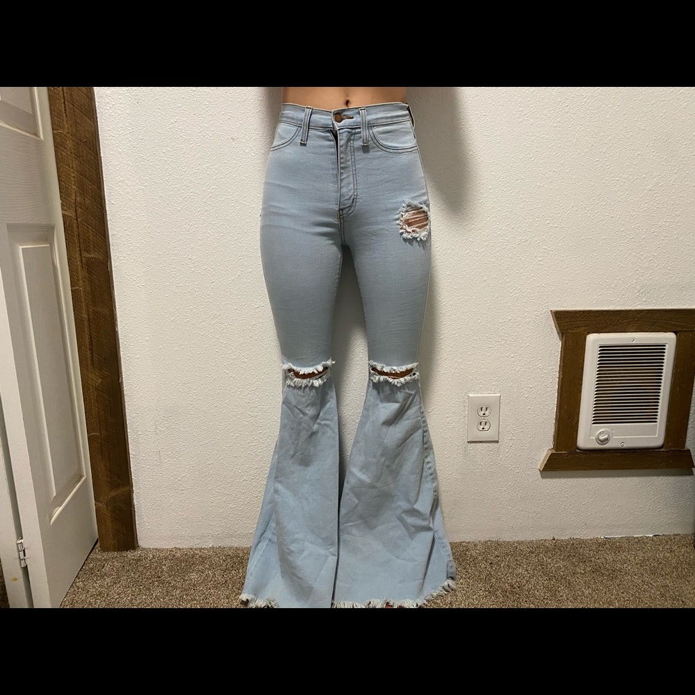 Light wash wide flair western style jean